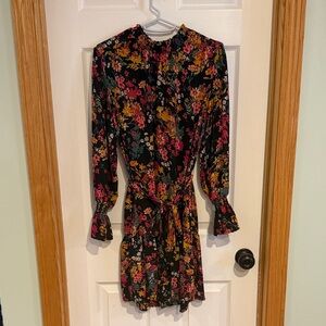 79 Ophelia Roe Black Floral Long Sleeve Dress S | Smocked Waist Tie Fall Boho